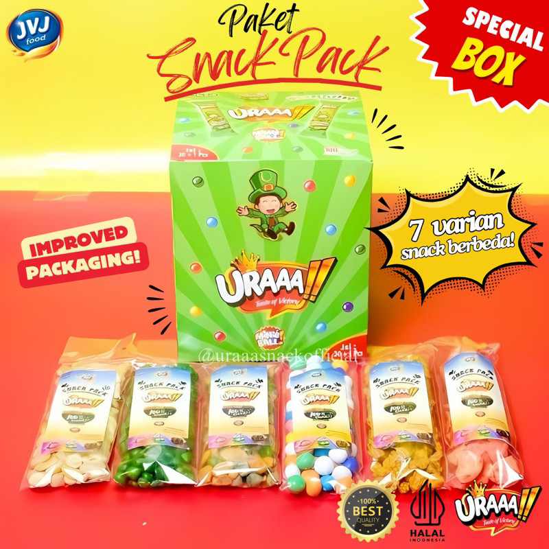 

PAKET USAHA [ISI 20+1] SNACKPACK BOX URAAA!! MIX ANEKA KACANG, JAGUNG, OPAK, CHOCO BALL