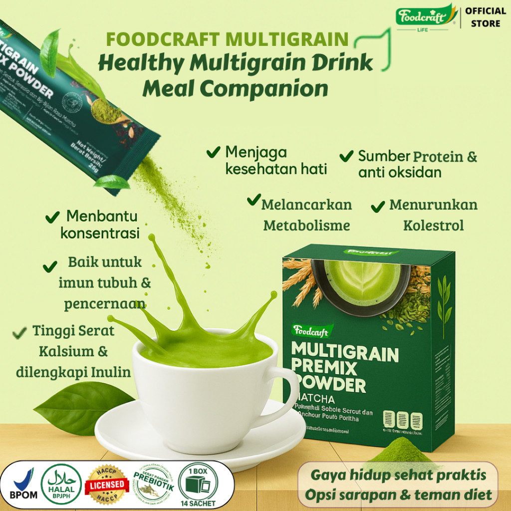

【EXCLUSIVE】 Foodcraft Multigrain Premix Powder Matcha Cereal Diet Healthy Drink Nutrition Complement Opsi Pengganti Makan Sedang & Diet Minuman Serbuk Sereal Biji-Bijian Suplemen Sehat Light Meal Replacement Options Meal Companion Teman Makan 14 Sachet
