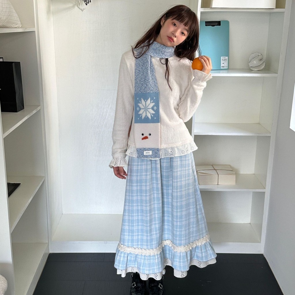 [ COD✅]JelitaCeria Rok kotak-kotak wol biru retro Perancis untuk wanita, rok A-line panjang menengah