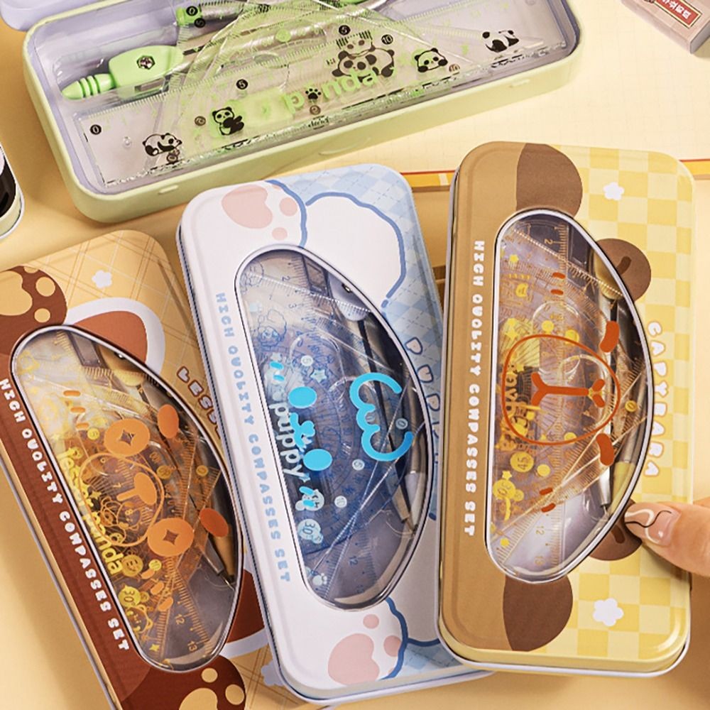 

7PCS Cartoon Capybara/Panda/Puppy Transparent Ruler Set Pencil Compass Protractor Eraser Set Students Drawing Measuring Tools
