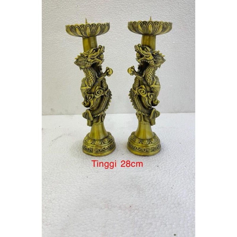 tempat lilin / tatakan lilin  - motif naga melingkar - kuningan - tinggi 28cm