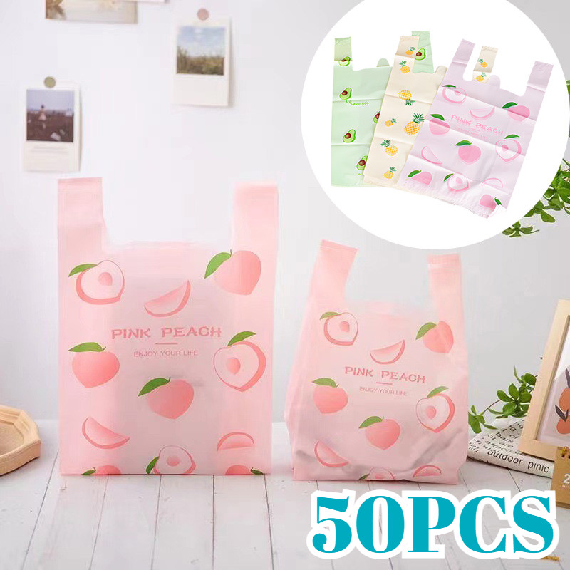 

50PCS Colorful Plastic Bag Cute Fruit Pattern Handheld Gift Bag Clothing Kitchen Shopping Party Gift Packaging Reusable