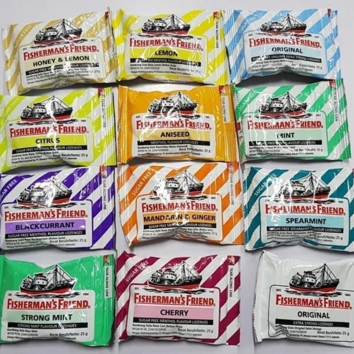 

Fisherman's Friend Permen SUGAR FREE Box ( 1 box isi 24 ) Rasa ORIGINAL / HONEY LEMON / LEMON / SPEARMINT / STRONG MINT / BLACKCURRANT / CITRUS / CHERRY / MINT / MANDARIN GINGER
