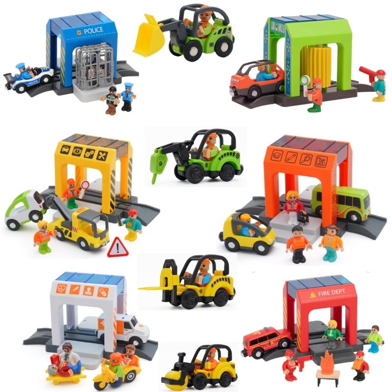 Wooden Train Track Plastic car wash Police Office Fire Department Scene Simulation Play Wooden Railw