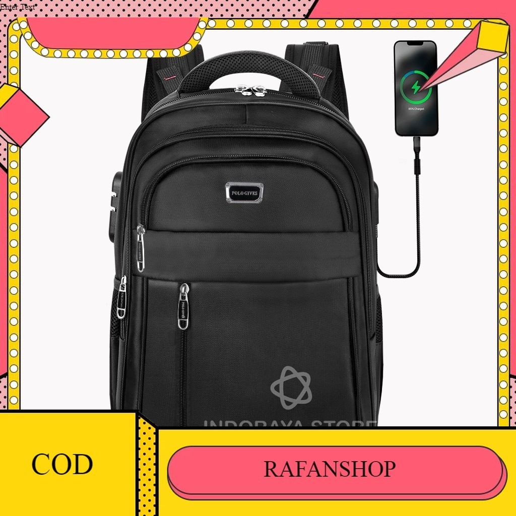 POLO GIVES 16 Inch Tas Ransel Kerja Tas sekolah Kunci Usb Port POLO Original Import + Raincover