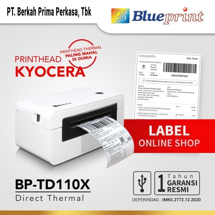 BLUEPRINT Printer Barcode Thermal Printer Label Resi A6 BLUEPRINT TD110X USB