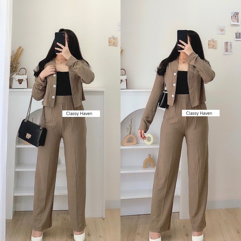 Set Casey Premium Knit (Cardi+Pants) / Setelan Wanita Crop dan Celana Kulot