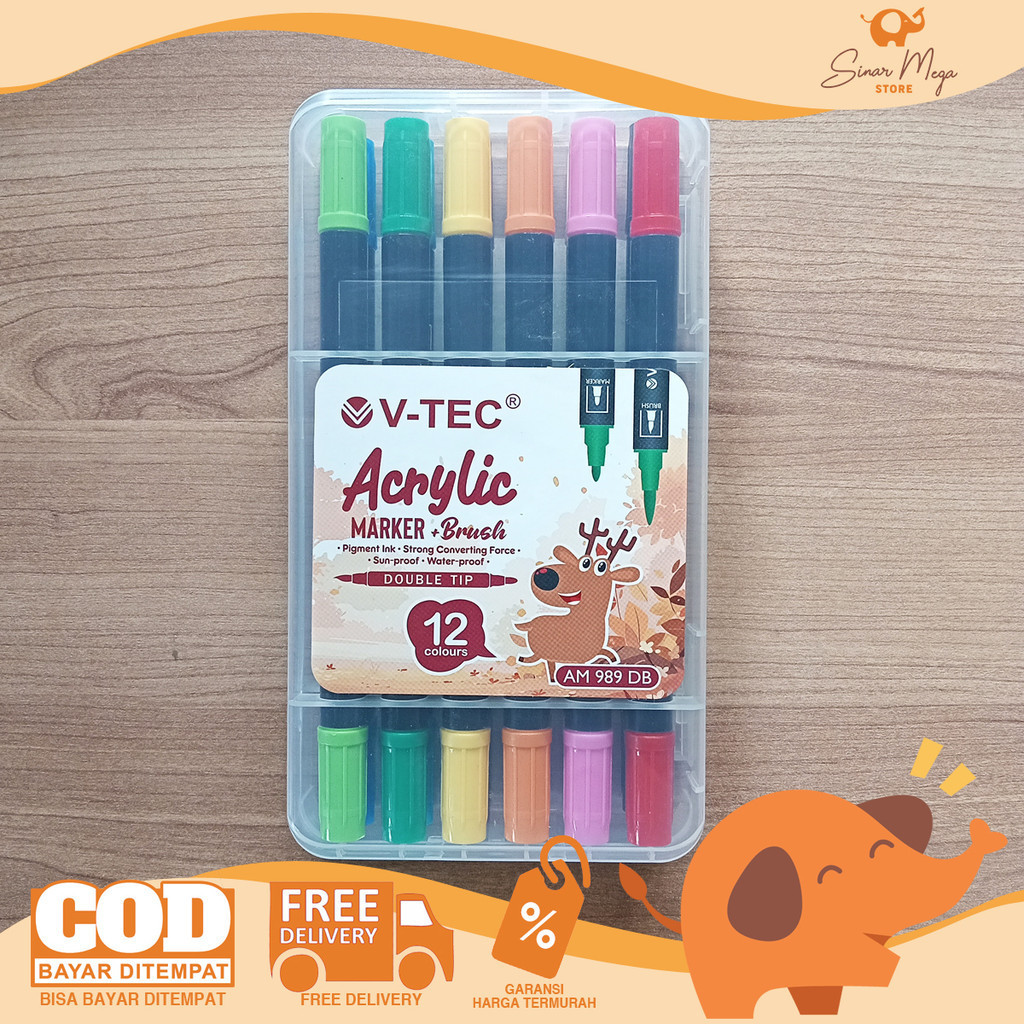 

ATK9 VTEC Acrylic Marker Brush 12 color AM 989 DB Spidol Akrilik Warna 2 in 1 Wateroof Murah