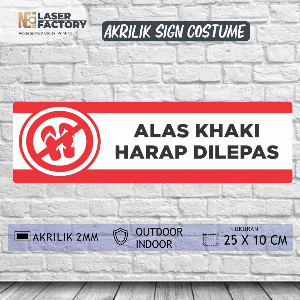 alas kaki harap di lepas sign board akrilik label stiker