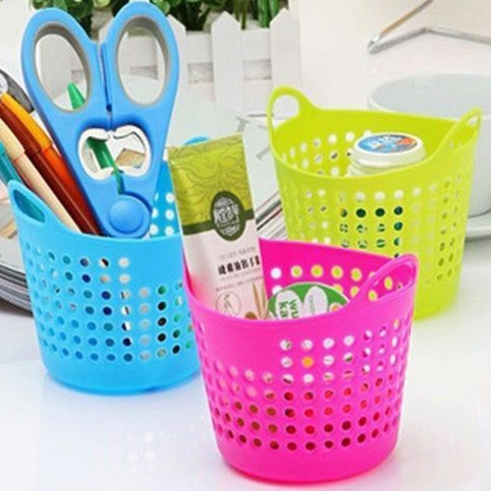 

Portable Plastic Pencil Pot Desk Pen Organizer Flower Holder Makeup Brush Container Stationery Storage Basket Cosmetic Organizer