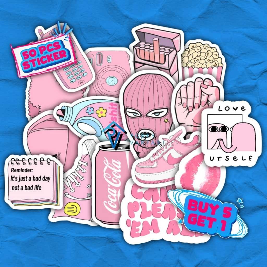 

50 Pcs Sticker Pack Aesthetic Pink Girly Grafiti Anti Air Untuk Case HP Laptop Helm Sudah Cutting