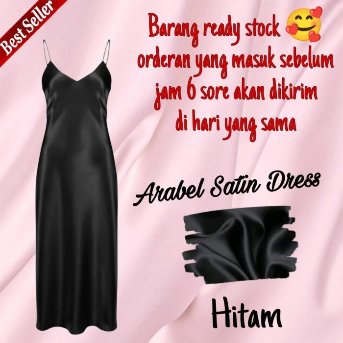 promo ✨ -Long Dress Satin nita Bahan Saten Tali kecil Korea - Hitam