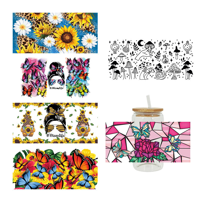 

UV DTF Sunflowers Mom Life Stickers For The 16oz Libbey Glasses Wraps DIY Waterproof Easy To Use Custom Decals D1561