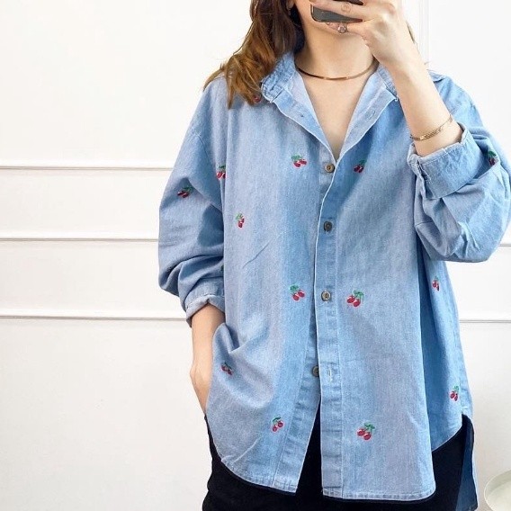 Kemeja Jeans Bordir Chery Lengan Panjang - Cherisa Top Denim - Kemeja Wanita Trensy Korean Style Kek