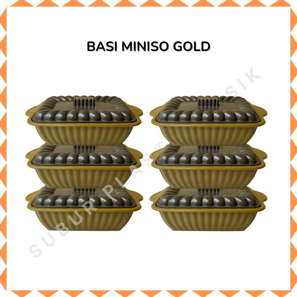 [6 & 12 pcs] Basi Miniso Gold Plastik Dengan Tutup Wadah Lauk Sayur Kotak Panjang Coklat Besek Hajat