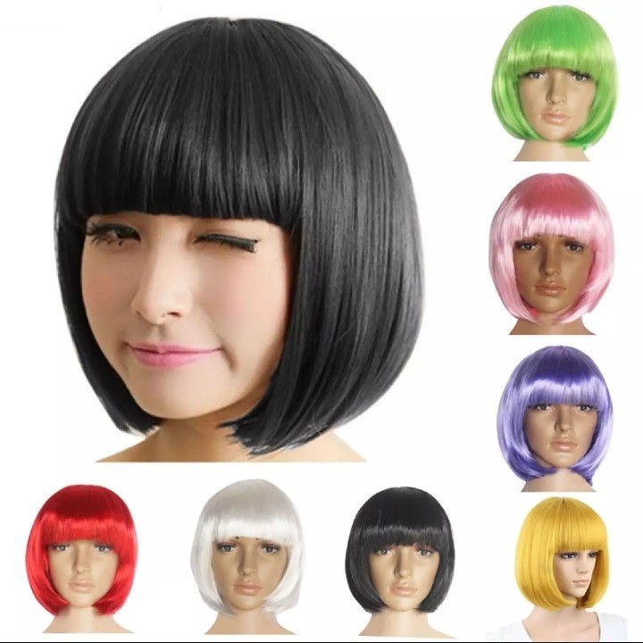 Sendal Modern - Wig Pendek Lurus Wanita, Rambut Wig Wanita Eropa Kimia, Rambut Pendek Poni, Rambut W