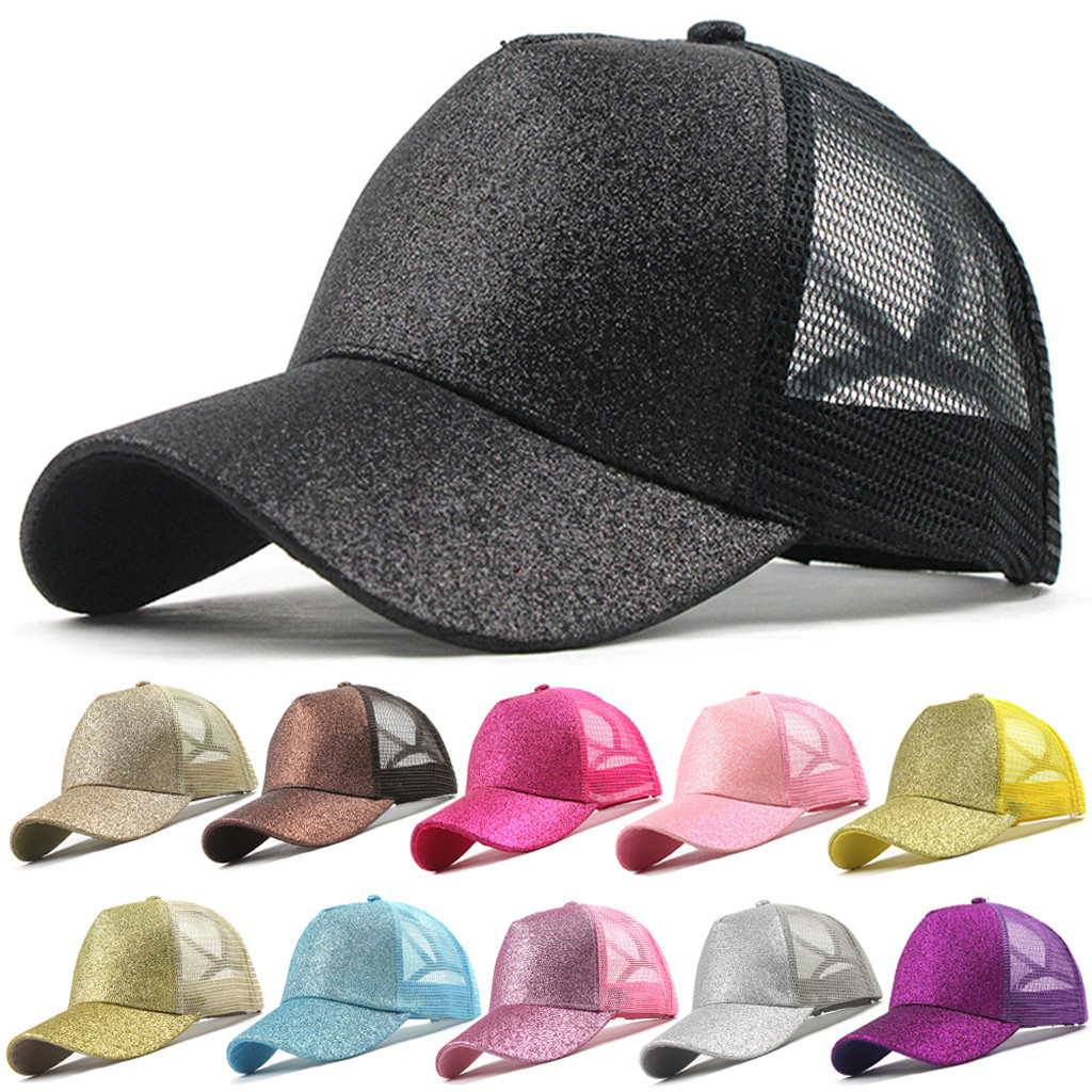 

2023 New Summer Glitter High Ponytail Baseball Cap Female Snapback Hat Casual Black White Pink Mesh Trucker Caps for Women Gorra