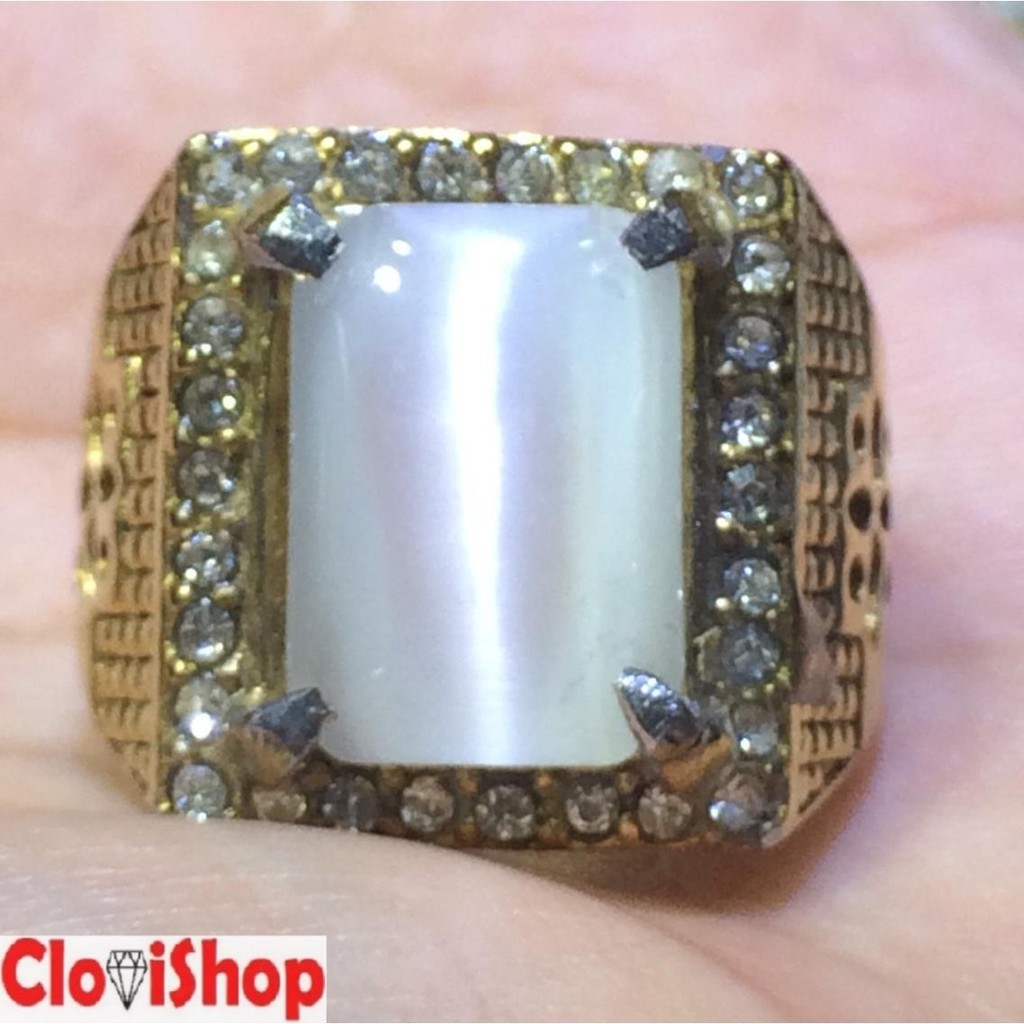 Cincin Titanium Batu Akik Octagon Cat Eye Susu Atau Warna Putih HQ
