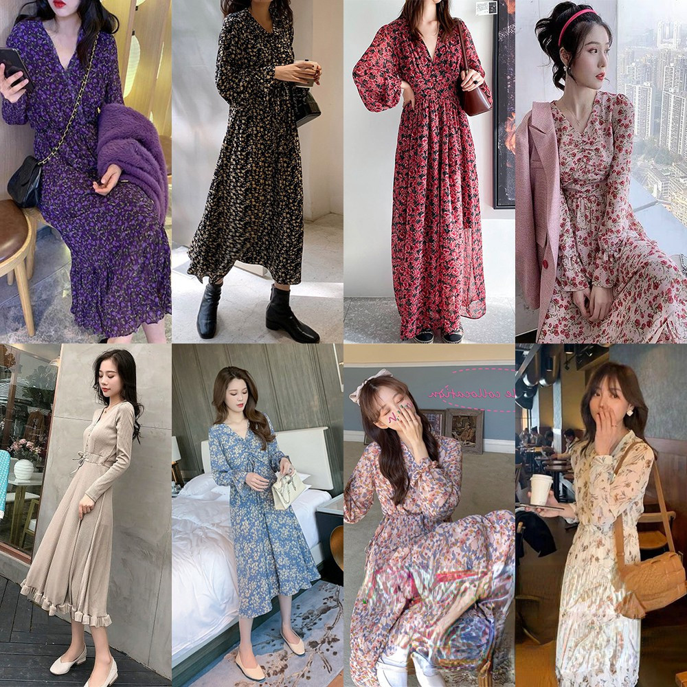 Dress Sifon Floral Korea - Lengan Panjang, Maxi Gaya Modern​