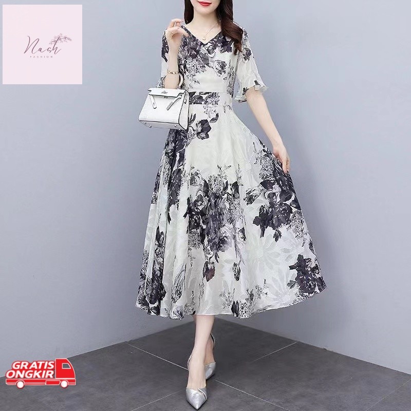 Dress Korea / FAN 2024 Gaun Panjang Bunga Leher V-Sifon Sifon Korea Baru/long dress korea