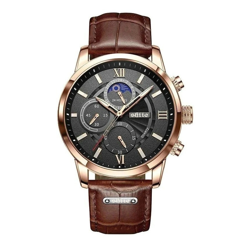 SHIIE Jam Tangan Pria Original Tali Kulit Anti Air Olahraga Kronograf Jam Tangan Cowok(Free BOX   + 