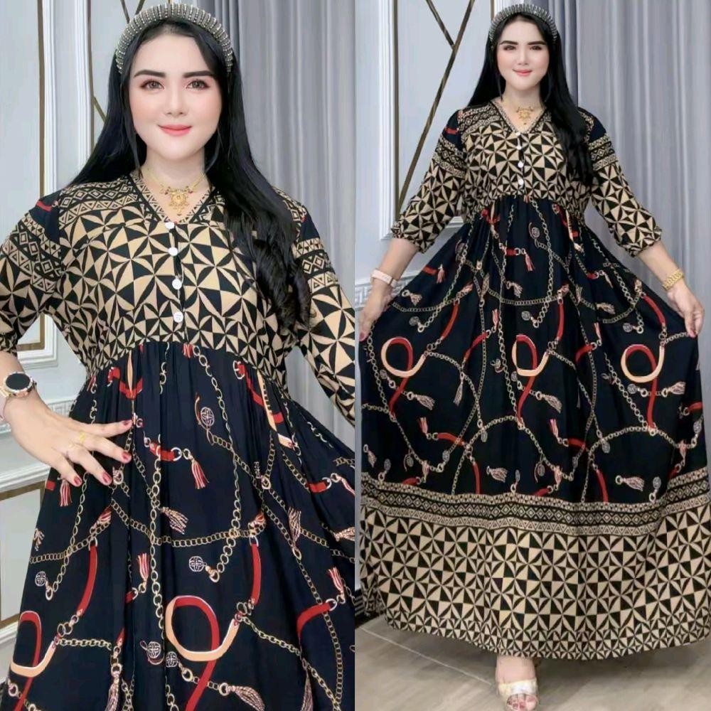 Baju Wanita Casandra Yumei Katun Rayon – Dress Kancing Depan, Busui, Tali Pinggang, Lengan 7/8