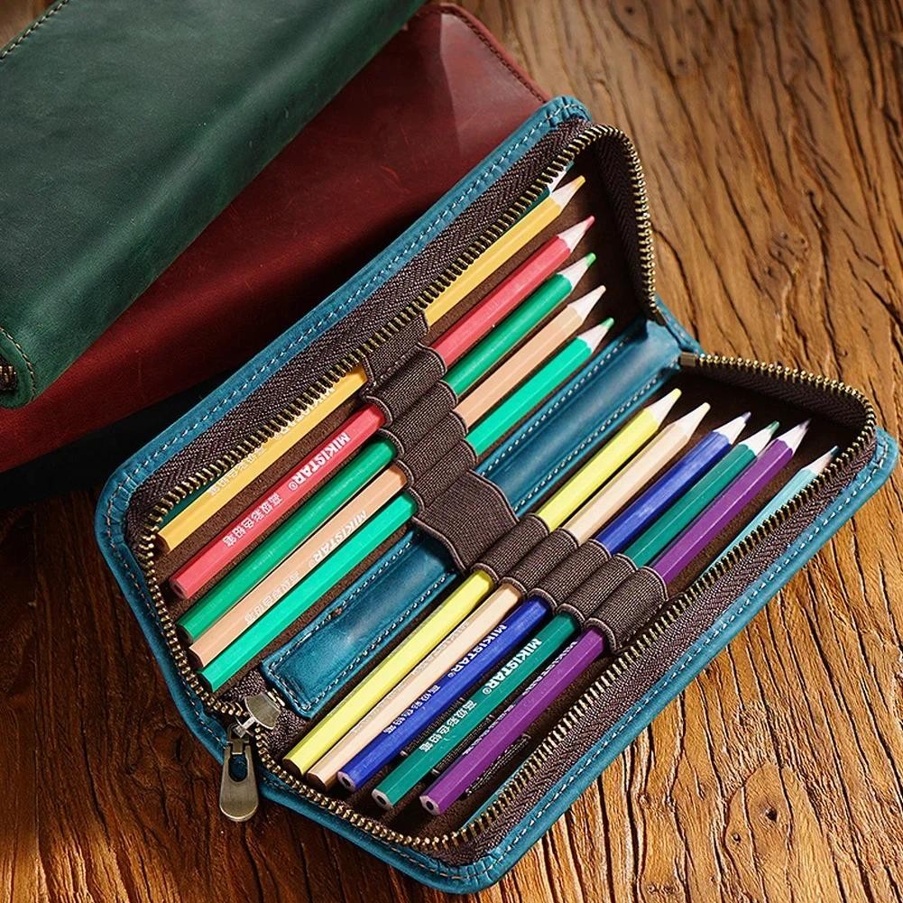 

Leather Pen Case Zipper Retro Pen Pouch For Boys Girls School Students Cowhide Men Pencil Bag with Several Pen Slots Wholesale