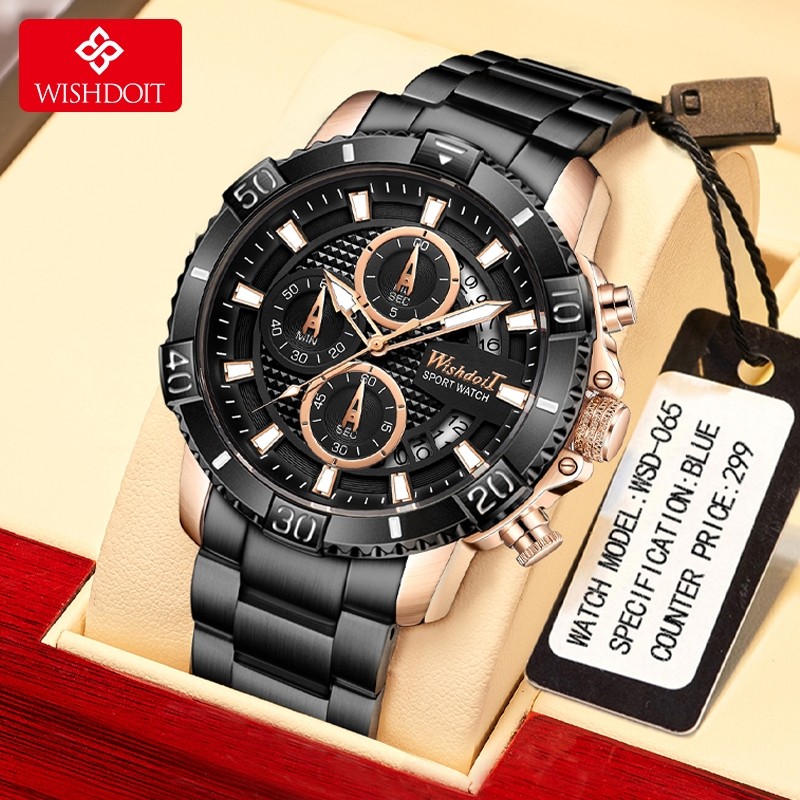 WISHDOIT Jam Tangan Pria Asli Anti Air Terbaru Bisnis Baja tahan karat Bercahaya Mewah Hitam Mewah J