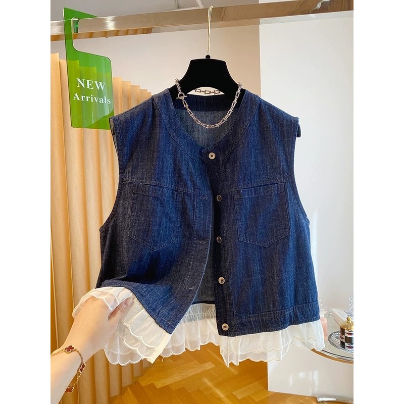 Korean Hem/Vest Cewek Splicing Sleeveless Bahan Denim