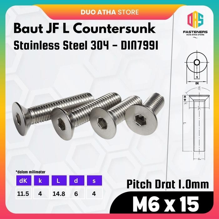 M6x15 Baut JF L M6 x 15 Stainless / Baut Verseng M6 x 15 Stainless / Countersunk M6 x 15 Stainless S