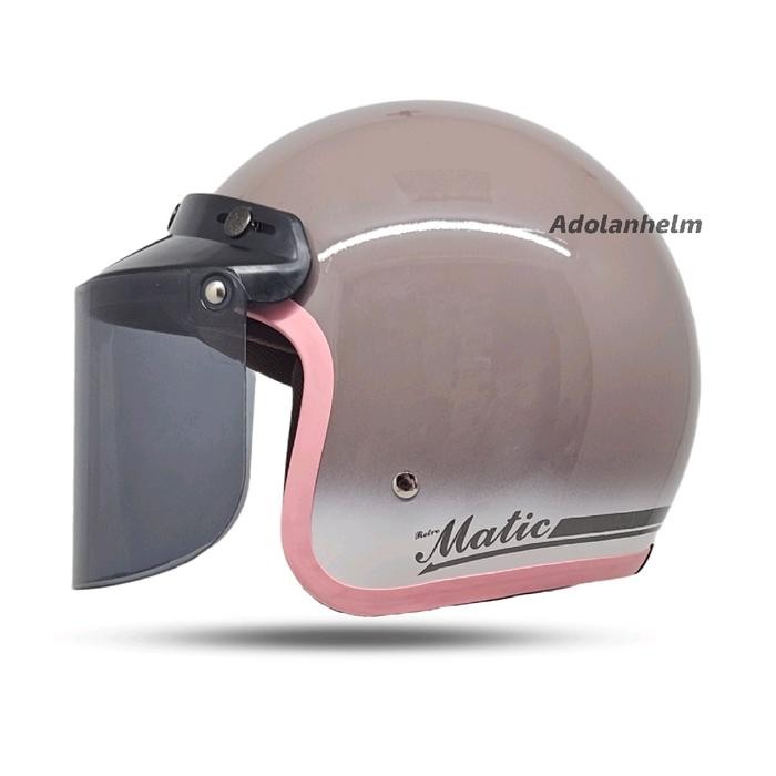 Helm Bogo Dewasa Classic Helm Bogo Wanita Gradasi List Pink Full Leher SNI Motorcycle Coklat - MiLLO