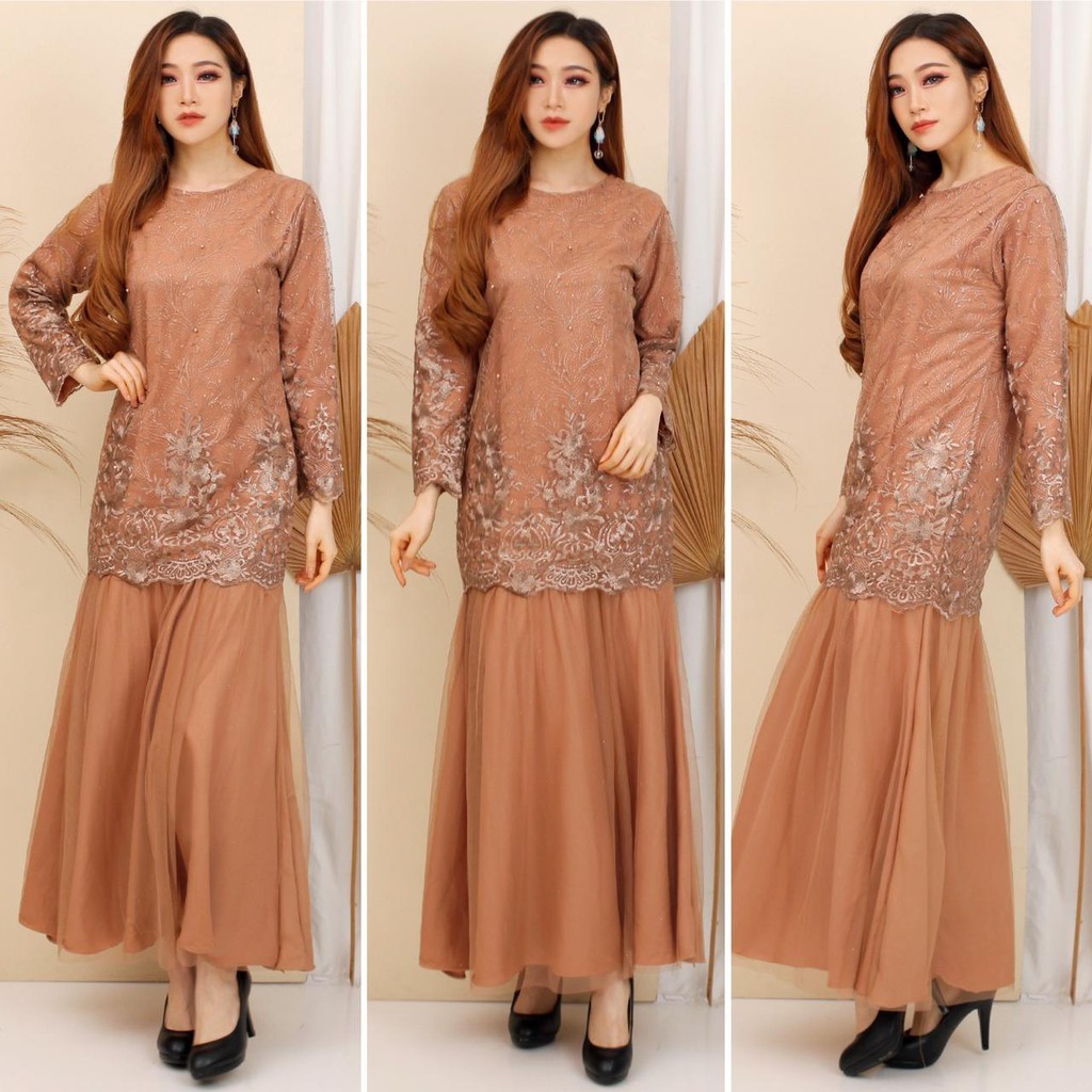 (FULL BRUKAT) Gamis Prilly Tille Duyung Premium Maxi Dress Brukat Tulle Bordir Gliter Fashion M