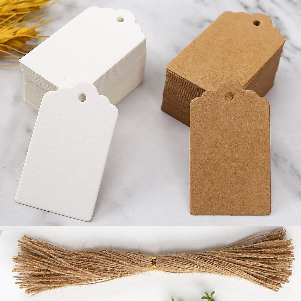 

50pcs Kraft Paper Tags White Cardboard Cards with Strings Wedding Birthday Party Gift Tag Cookie Packaging Supplies