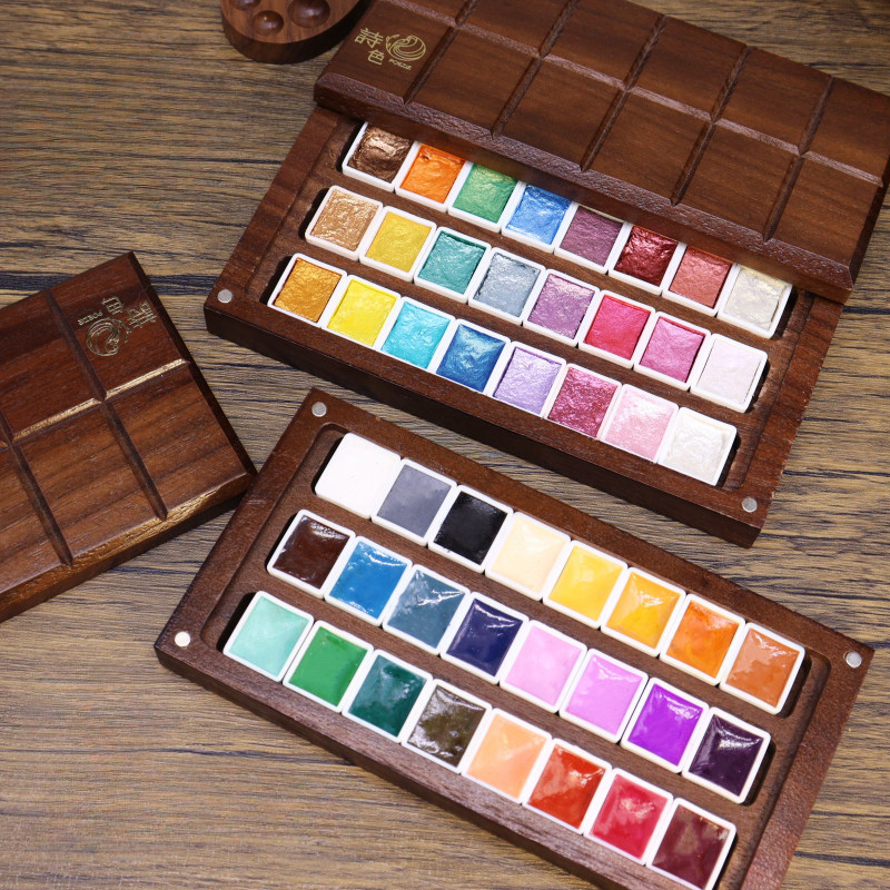 

Watercolor Pigment 2ml Walnut Box 24 Color Pearlescent Solid Color Watercolor Handmade Solid Pigment Painting Package