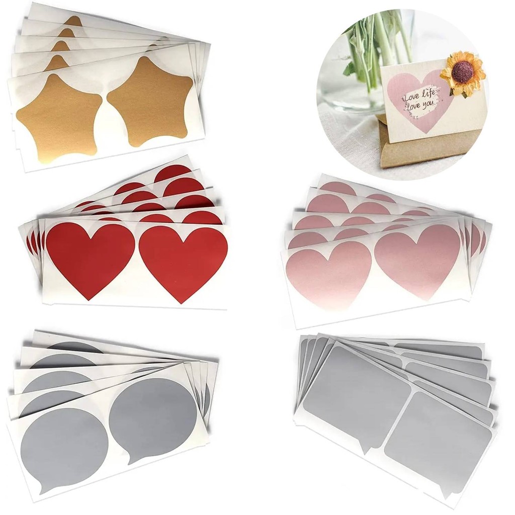 

50pcs Scratch Off Labels Stickers 3 inch Heart Dialog Star Peel Stick DIY Labels for Scrapbook Games Award Party Gift Postcard