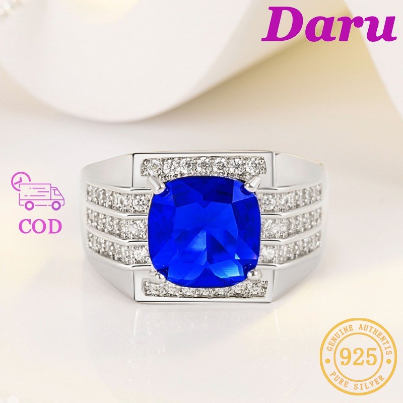 DARU Cincin Pria Platinum Emas Berlian Tiga Baris Zircon Biru Berwarna Yang Dapat Disesuaikan