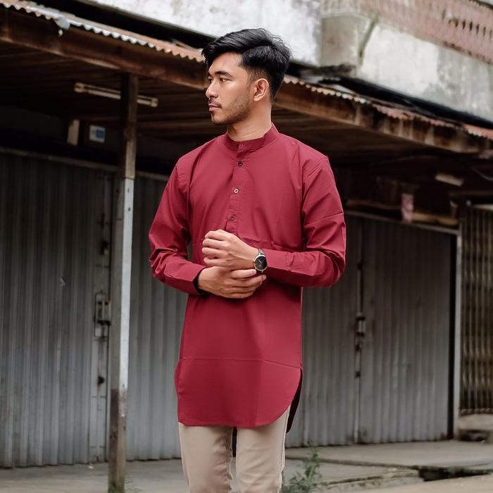 Baju Koko Kurta Muslim Pria Lengan Panjang Maroon, Hitam Black ada Big Size Jumbo - - Biru Muda, M