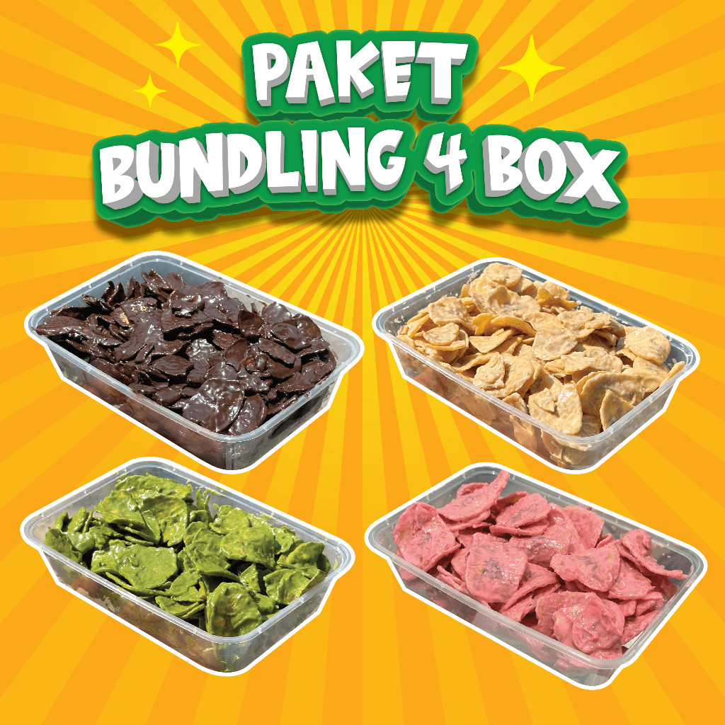 

PAKET BUNDLING 4 BOX 600 GRAM | KERIPIK PISANG RASA COKELAT + MATCHA + TIRAMISU + STRAWBERRY