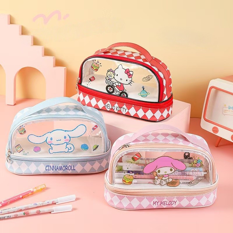 

Sanrio Large-capacity Transparent Double-layer Makeup Bag Student Hand-held Stationery Box Cartoon Storage Pencil Case