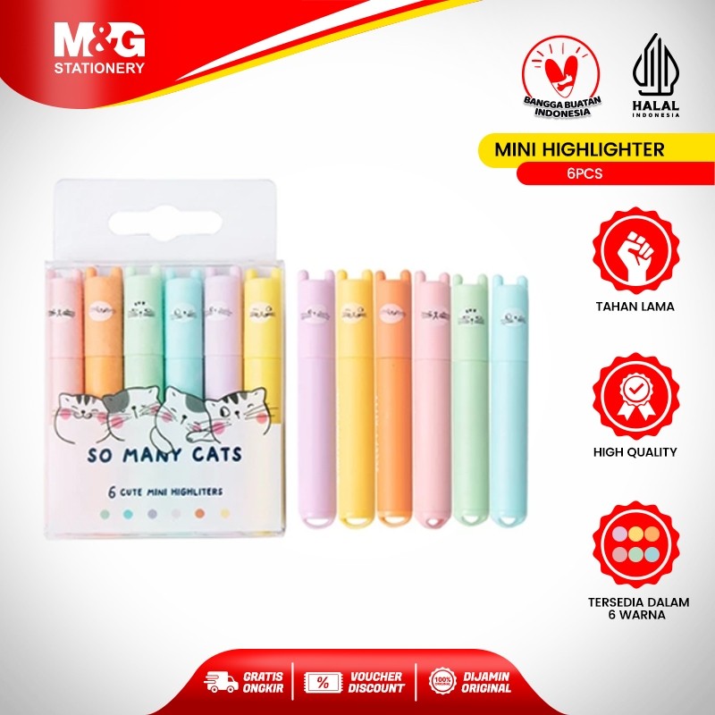 

M&G Mini Highlighter "SO MANY CATS" Warna Pastel 6pcs Pink/Yellow/Blue/Purple/Green/Orange Tidak Berbau dan Tidak Merusak Catatan