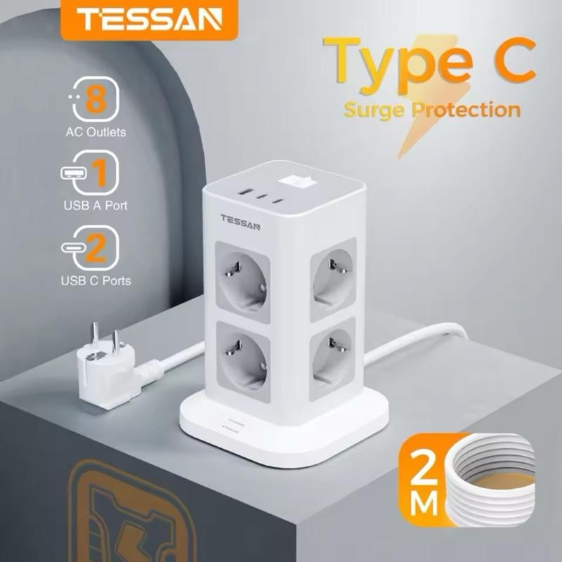 TESSAN TS-TPS03-DE-2C-GR Stop Kontak Soket Multi Outlets Power Strip 8 Lubang Outlet EU Colokan & 1 