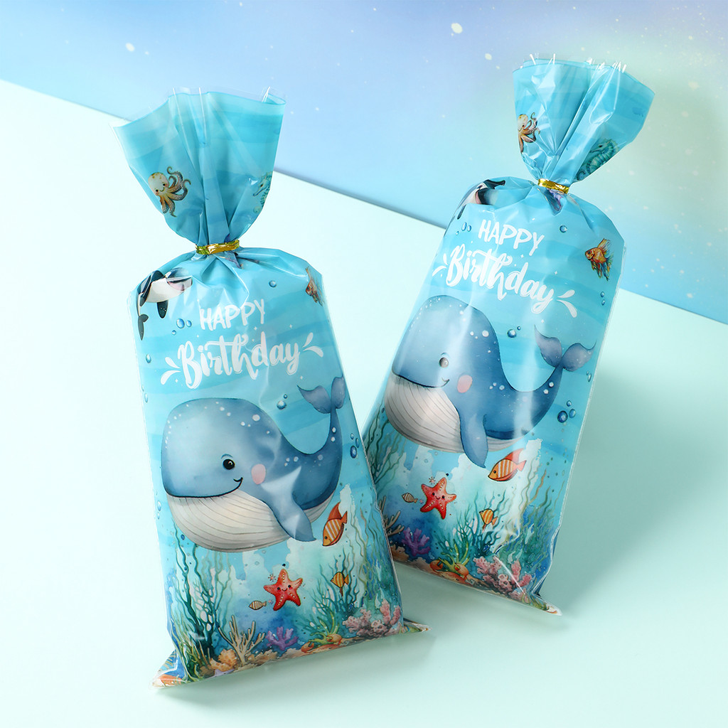 

25/50/100pcs Happy Birthday Ocean Whale Starfish Under the Sea Plastic Candy Bags for Kids Birthday Baby Shower Party Gifts Bags
