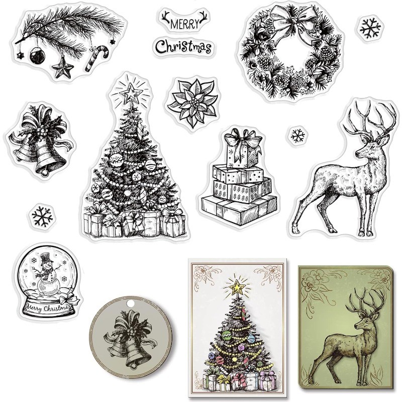 

1Sheet Merry Christmas Silicone Clear Stamps Snowflake Gift Christmas Tree Snowman Elk Deer Clear Stamps for Christmas Card