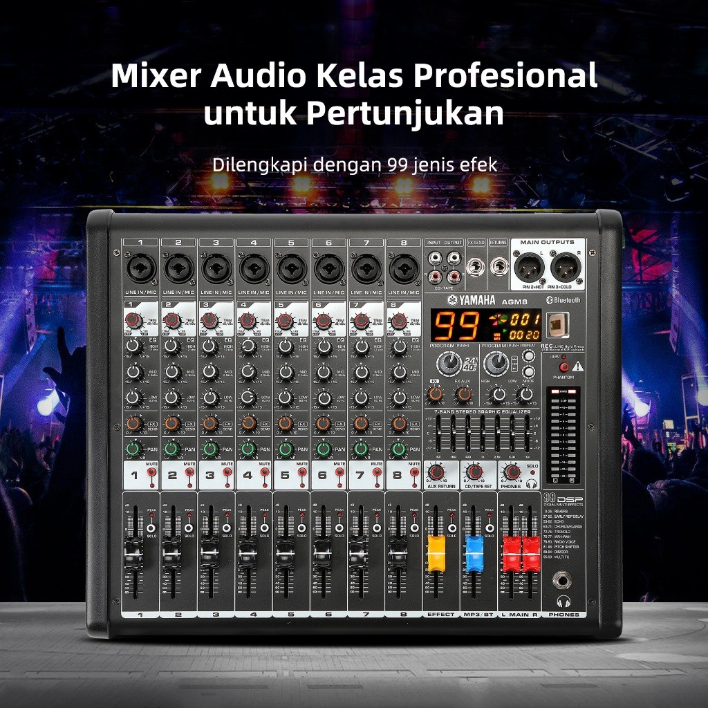 power mixer 8Ohm 650 wattx2 yamaha/AGM8,mixer power amplifier 7jalur equalizer,Bluetooth,99 DSP,48V