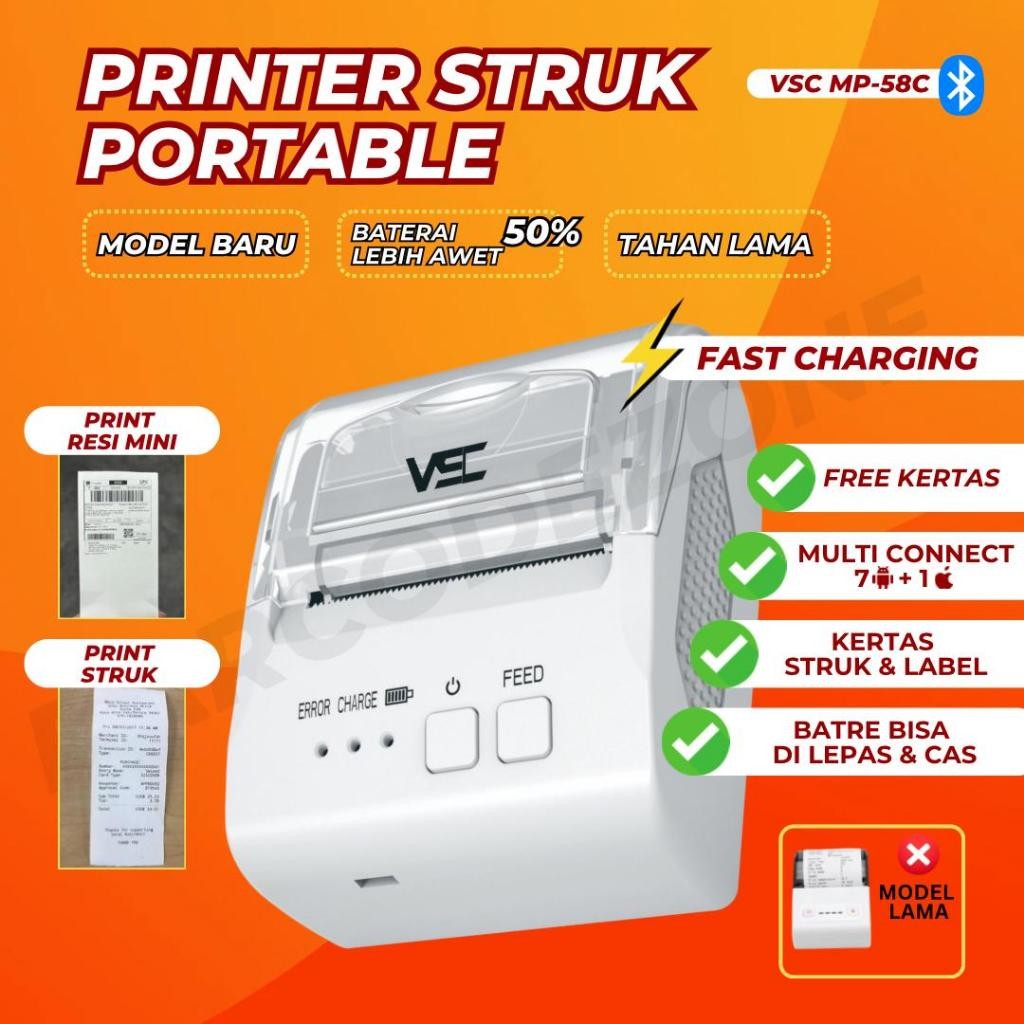 

Mini Printer Thermal Bluetooth VSC MP-58C 58mm RPP02 - Printer Kasir Printer Alamat Printer Struk - Portable Mobile - Support Moka Gobiz Grab Semua Apps