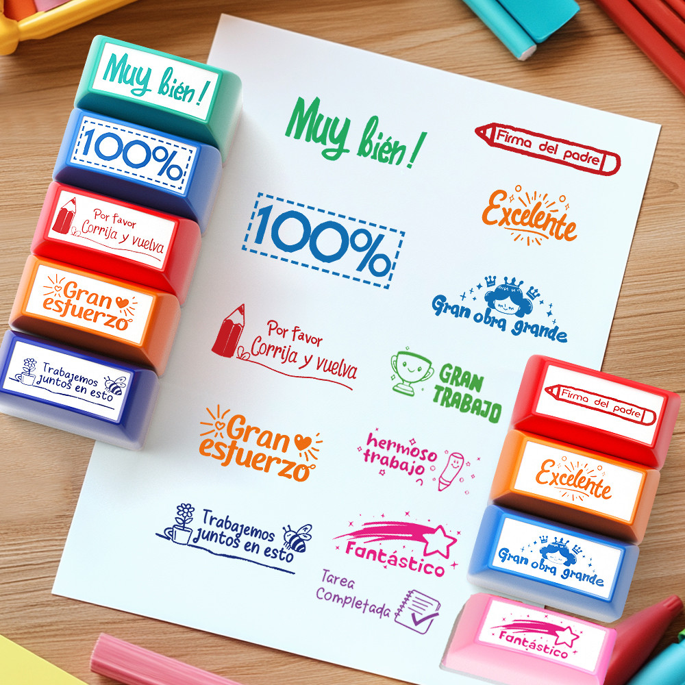 

12 colorful Spanish stamps Teacher incentive Grade stamps elementary School signature homework prizes Teacher gifts