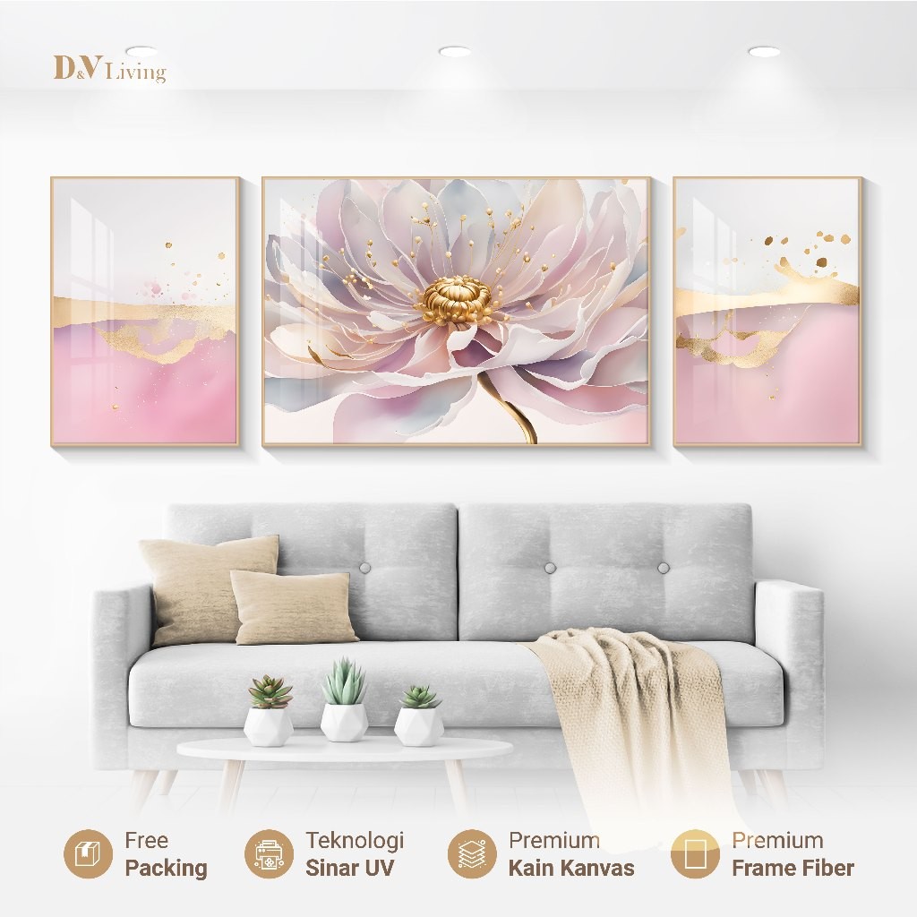 DVLIVING Hiasan Dinding Ruang Tamu Minimalis 80x57cm & 40x57cm Floral Gold Pink INCLUDE FRAME -  Wal