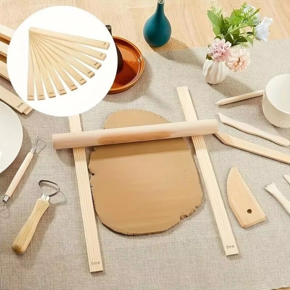 

8pcs Wooden Slab Rolling Guides Set 3mm/5mm/7mm/10mm Light Beige Rolling Pin Guides Smooth Thickness Strips Clay Roller Rails