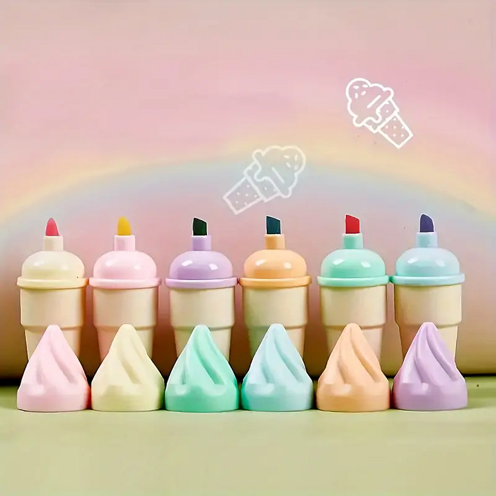 

Set of 6 Mini Ice Cream Cone Highlighter Pens - Cute Fluorescent Markers in Pastel Colors for Note-Taking and Journaling