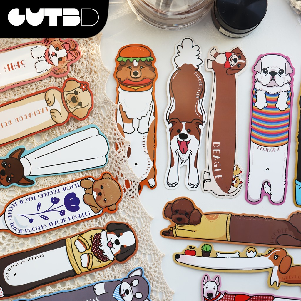 

30pcs cute puppy-themed bookmarks with colorful cartoon patterns for books, phone cases, and diaries